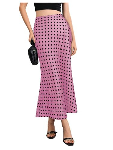 MakeMeChic Women's Silk Satin Polka Dots Midi Skirt Vintage Elegant Flowy Pencil Long Skirts Pink X-Small | Amazon (US)