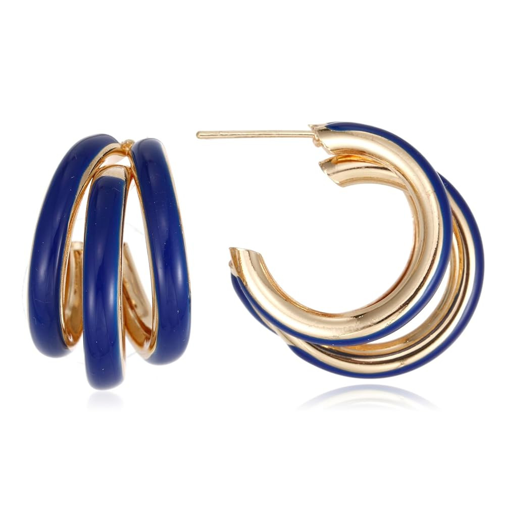 Triple Hoop Earrings, Split Hoop Huggie Earrings Trendy Chunky Earrings for Women | Amazon (US)