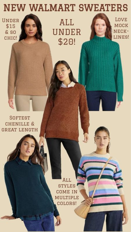 New Walmart Sweaters! These are all under $20! Each style comes in multiple colors and most come up to plus sizes. The waffle sweater is under $15, and that chenille sweater is so soft and long enough for leggings. …………….. sweater under $20, sweater under $15, sweater under $30, winter sweater, thanksgiving outfit, thanksgiving sweater, thanksgiving look, fall sweater, fall trends, family photos, mock neck sweater, striped sweater, sweater over button down, shirt under sweater, walmart sweaters, walmart looks, time and tru, scoop new arrivals, chenille sweater, crew neck sweater, faux fur hoodie, faux fur jacket, faux fur zip up hoodie, sherpa hoodie, sherpa jacket, sherpa coat, puffer jacket, floral jacket, floral puffer jacket, walmart finds, walmart jacket, walmart coat, zip up coat, zip up jacket, revolve dupe, corduroy puffer jacket, corduroy puffer coat, puffer coat, jacket under $50, jacket under $40, coat under $50, coat under $30, plus size puffer jacket, plus size jacket, plus size coat, sweater under $20, sweater under $50, winter trends, fall trends, winter sweater, fall sweater, thanksgiving outfit 

#LTKmidsize #LTKworkwear #LTKplussize