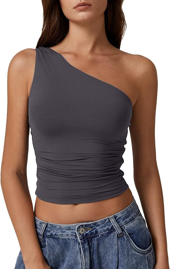 QINSEN Women's One Shoulder Tank Tops Double Lined Sleeveless Slim Fit Cropped Tee Shirt Y2k Tops | Amazon (US)
