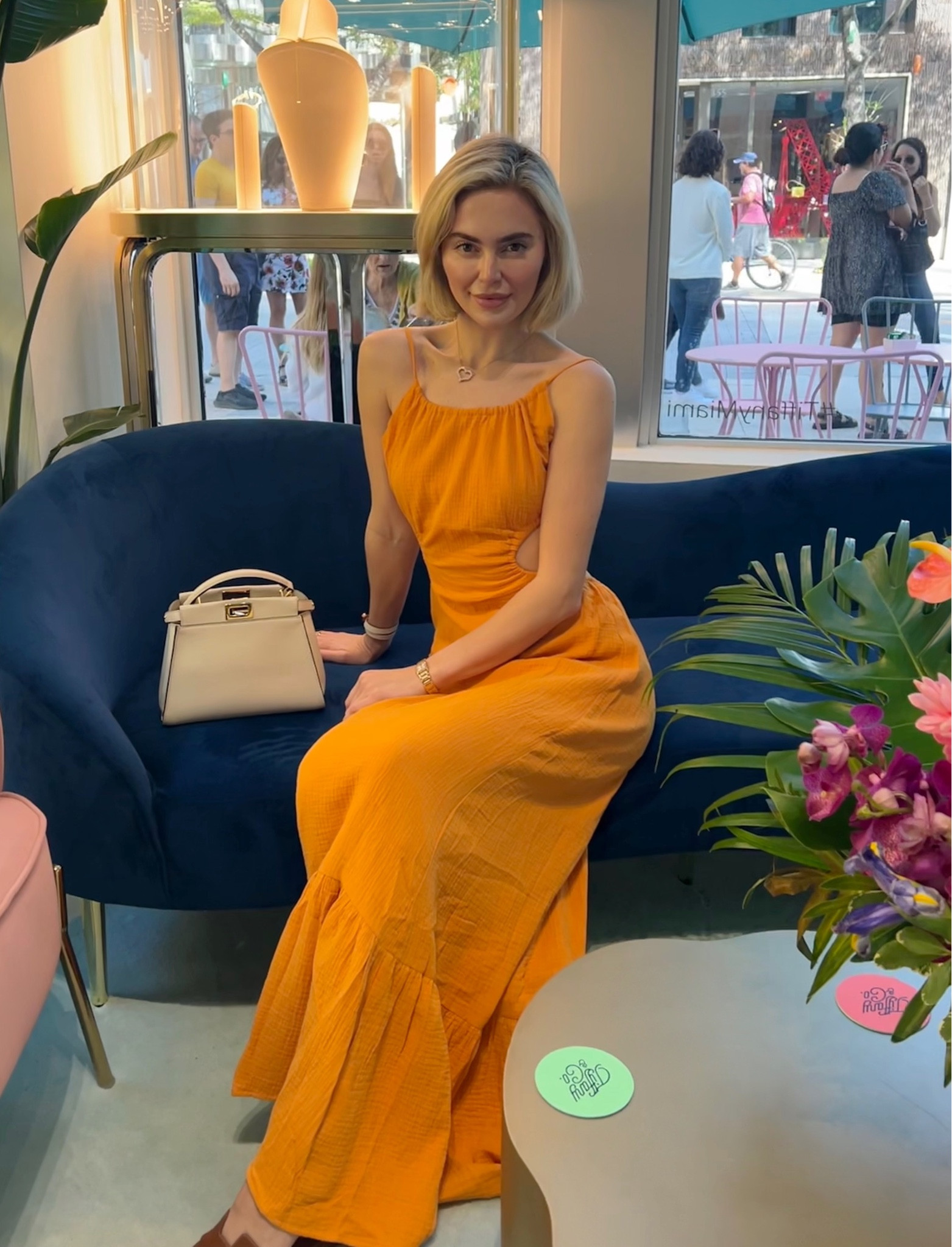#OrangeDress #MaxiDress #OrangeMaxiDress #MiamiBeach #BreakfastAtTiffany’s #LongDress #OrangeDress #MiamiLooks #HermèsFlats #FendiPeekaboo #Fendi #Diamonds 