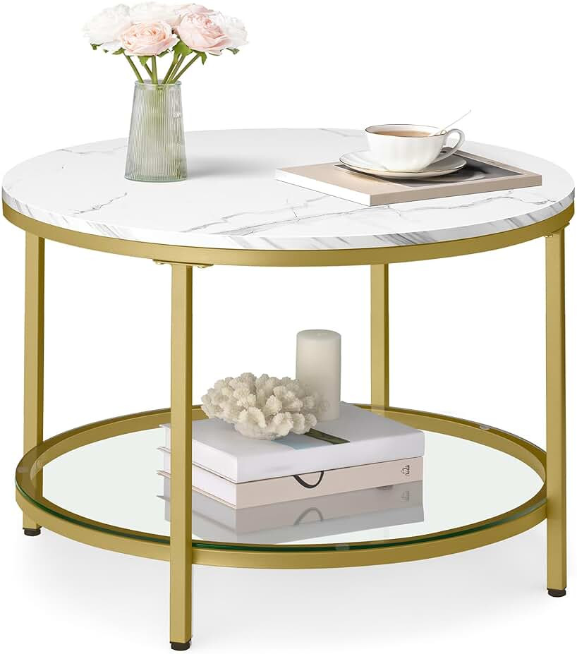 Round Coffee Table, Small Coffee Table with Faux Marble Top and Glass Storage Shelf, 2-Tier Circle Coffee Table, Modern Center Table for Living Room, Marble White and Pale Gold ULCT072W59 | Amazon (US)
