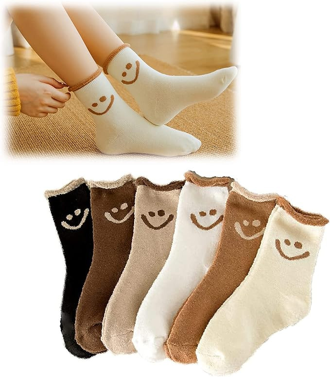 6 Pair Cute Smile Face Cotton Sock Smile Socks Women Winter Ankle Sock for Girl | Amazon (US)