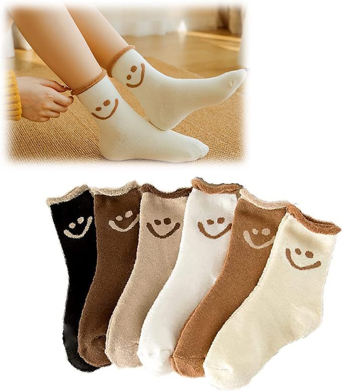 6 Pair Cute Smile Face Cotton Sock Smile Socks Women Winter Ankle Sock for Girl | Amazon (US)