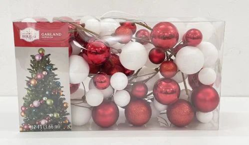 Shatterproof Red and White Ball Ornament Garland, Plastic Polystyrene, 12 ft, by Holiday Time | Walmart (US)