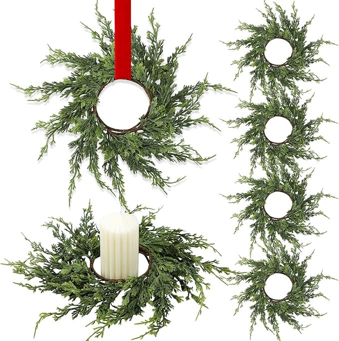 Vesici 4 Pcs 12.6'' Christmas Candle Rings Wreath Artificial Cedar Mini Kitchen Cabinet Wreath De... | Amazon (US)
