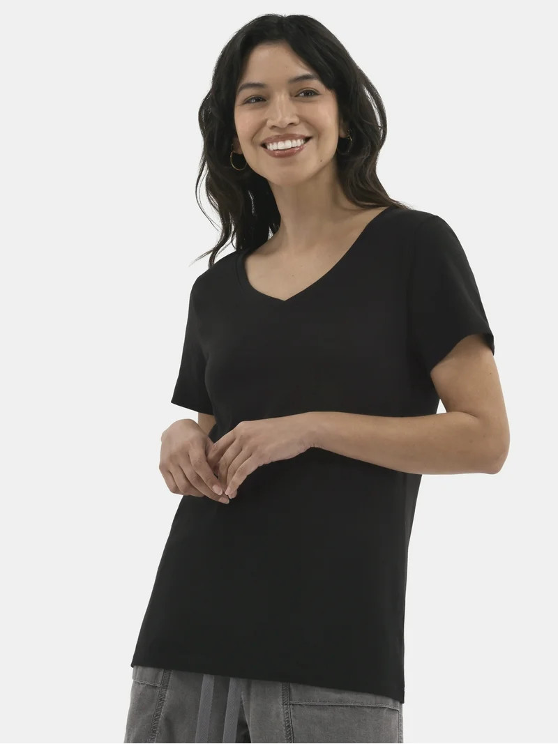 Time and Tru Women's Cotton V-Neck Tee with Short Sleeves, Sizes XS-XXXL | Walmart (US)