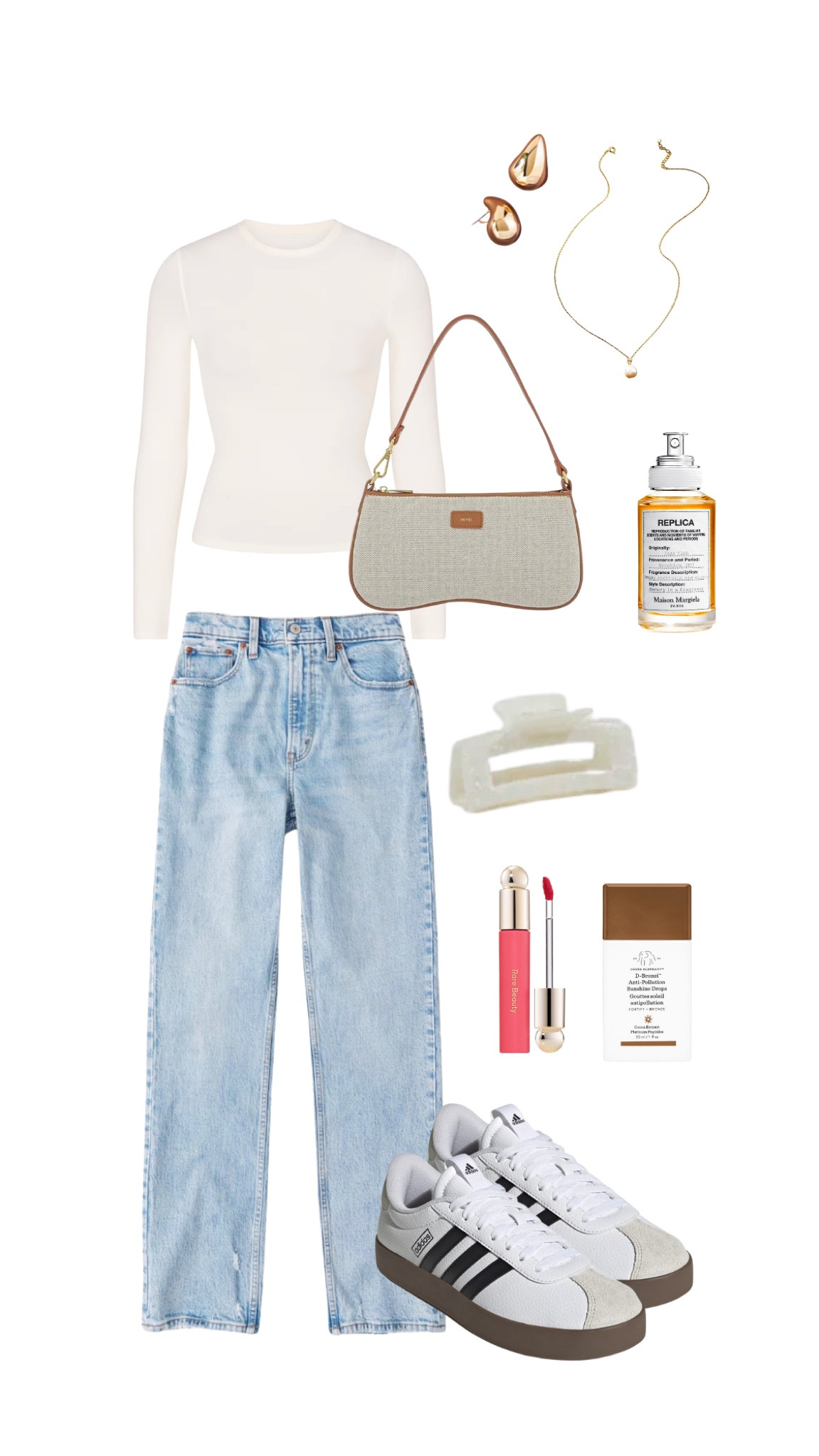 Fall transition outfit, skims long sleeve tshirt, Abercrombie 90s straight leg jeans, casual outfit, going out outfit, girls night, city outfit, fall accessories, adidas sambas, gold jewelry, school outfit, college class outfit, neutral fashion, minimal style, clean girl aesthetic, vanilla girl style, white claw clip, autumn outfit, basic outfit idea

#LTKSeasonal #LTKfindsunder100 #LTKfindsunder50
