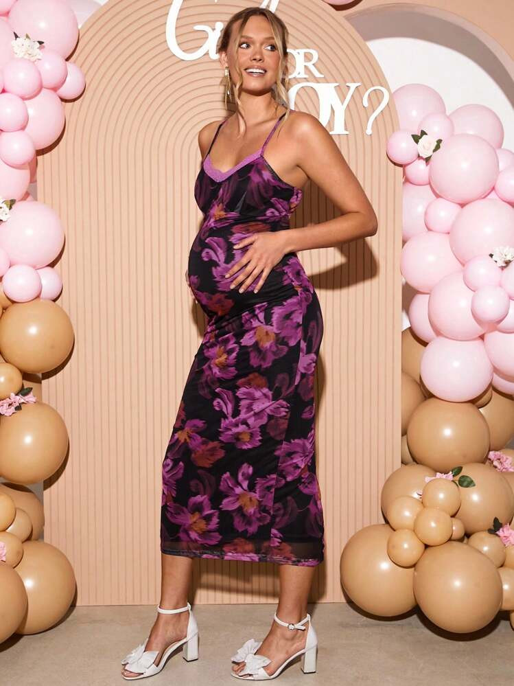 Loomaby Maternity Elegant Allover Flower Print Slim Fit Camisole Dress | SHEIN