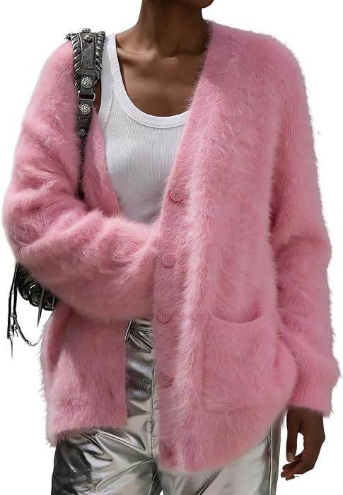 Wyeysyt Womens Fuzzy Cardigan Oversized V Neck Plush Button Up Sweater | Amazon (US)