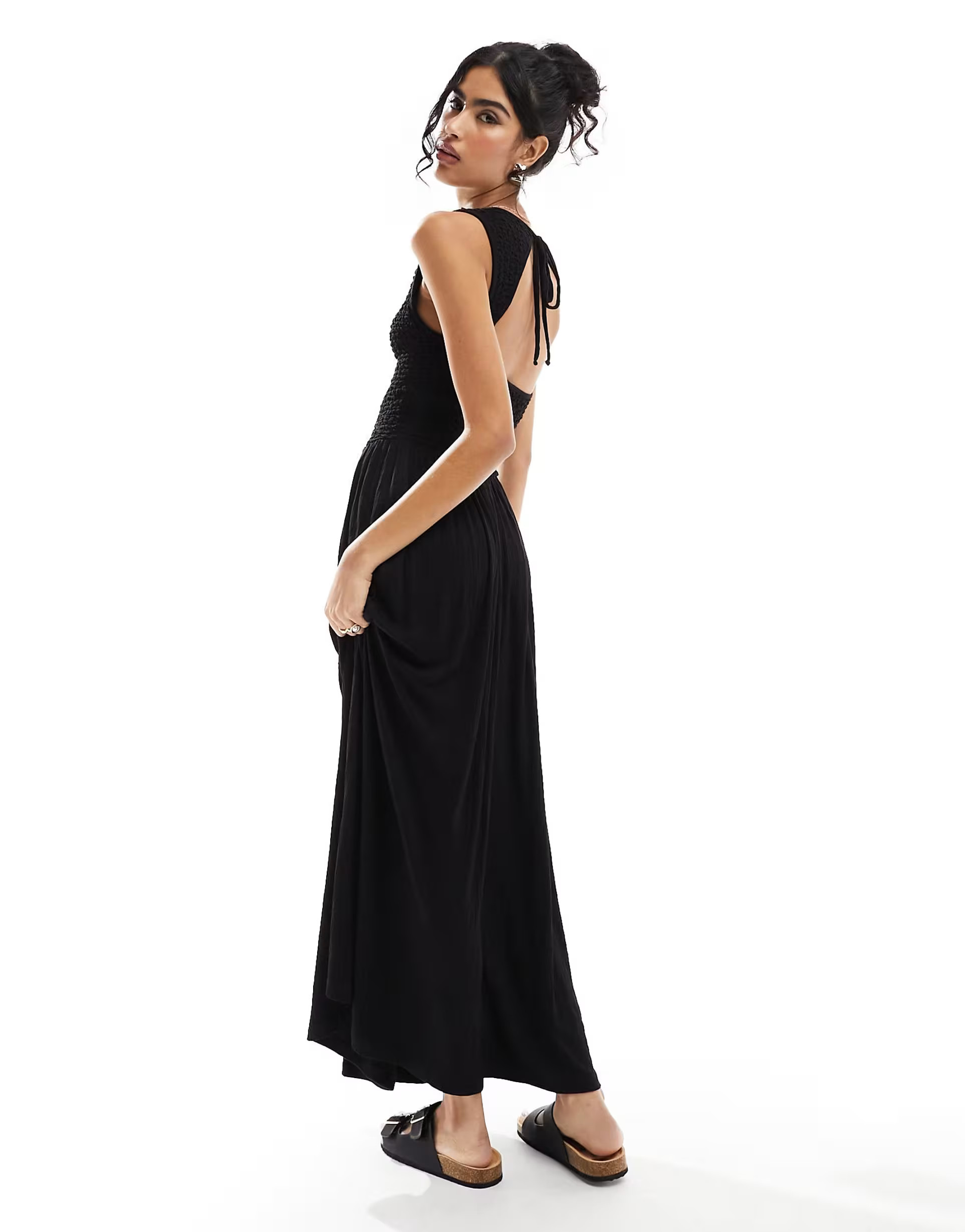ASOS DESIGN crinkle shirred bodice maxi dress with open back in black | ASOS (Global)