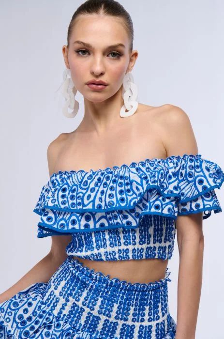 SUMMER LOVING OFF THE SHOULDER RUFFLE CROP BLOUSE IN BLUE | AKIRA