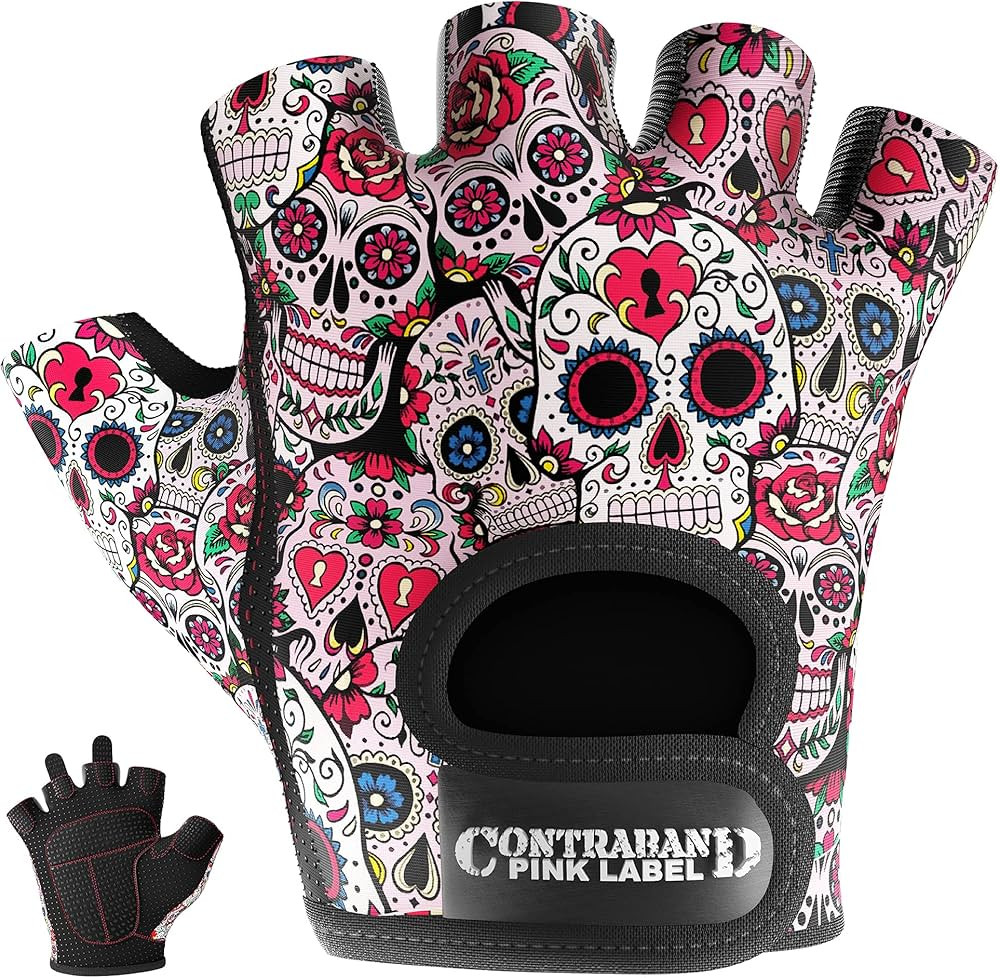 5237 Womens Designer Workout Gloves | Sugar Skull Print w/Grip-Lock™ Padding (White, Small) | Amazon (US)
