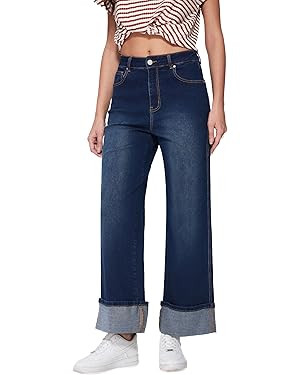 Vinova Womens Wide Leg Baggy Jeans Stretchy Folded Hem Cuffed Boyfriend Denim Pants Trendy Straig... | Amazon (US)