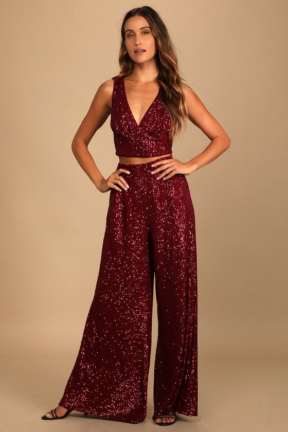 Flawless Sparkle Wine Red Sequin Wide-Leg Pants | Lulus (US)