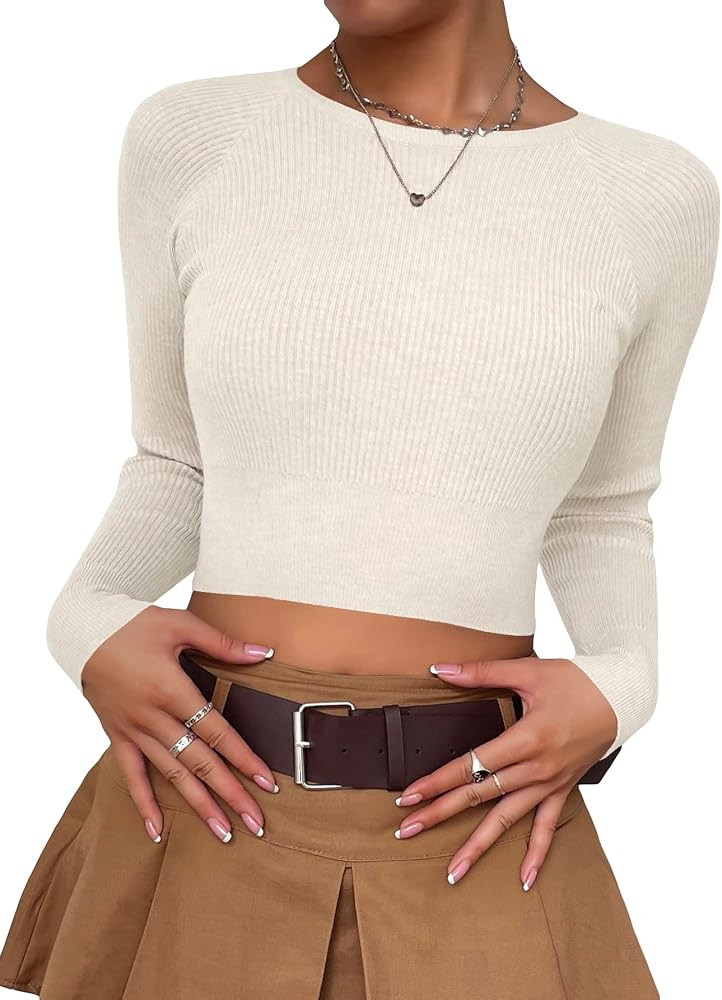 MakeMeChic Women's Solid Casual Slim Fit Long Sleeve Rib Knit Crewneck Crop Top Shirt | Amazon (US)