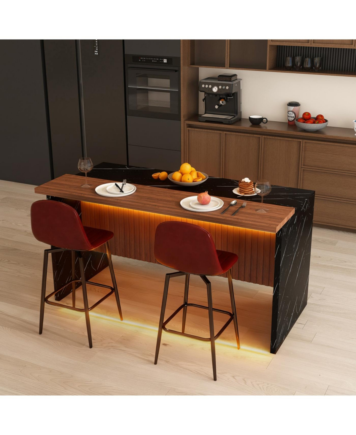 Streamdale Furniture 63-inch Modern Kitchen Island Set with 2 Bar Stools - Black Marble Look, Led Lighting & Grill - Walnut+black | Macy's