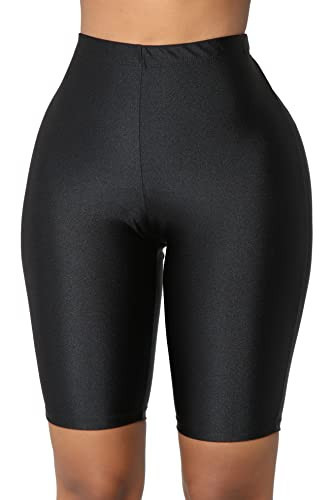 SUNFEXOY Neon Shiny Black Biker Shorts for Women,High-Waisted Bright Active Workout Yoga Pants Running Shorts Knee Length（Black,L | Amazon (US)