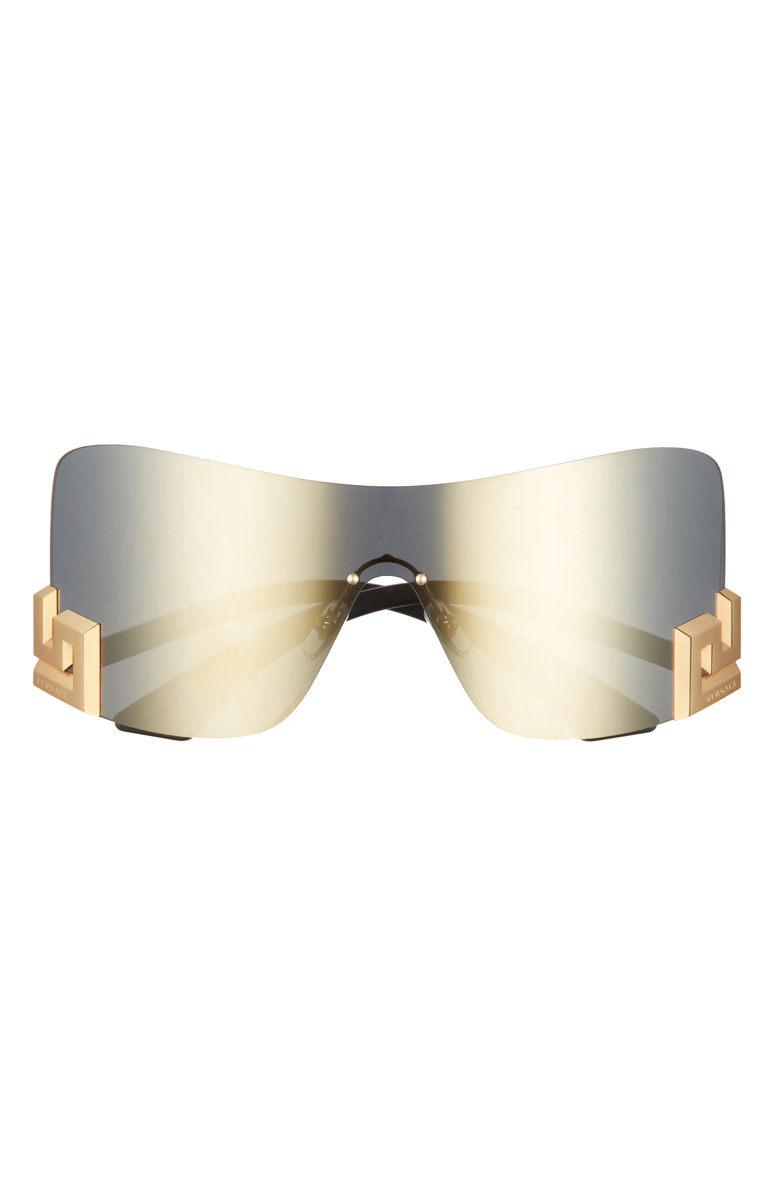 Versace 40mm Irregular Mirror Shield Sunglasses in Dark Grey Mirror Gold at Nordstrom | Nordstrom