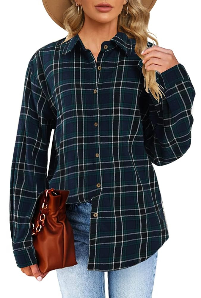 Womens Long Sleeve Plaid Shirts Flannel Collared Button Down Shackets Casual Rolled Up Boyfriend ... | Amazon (US)