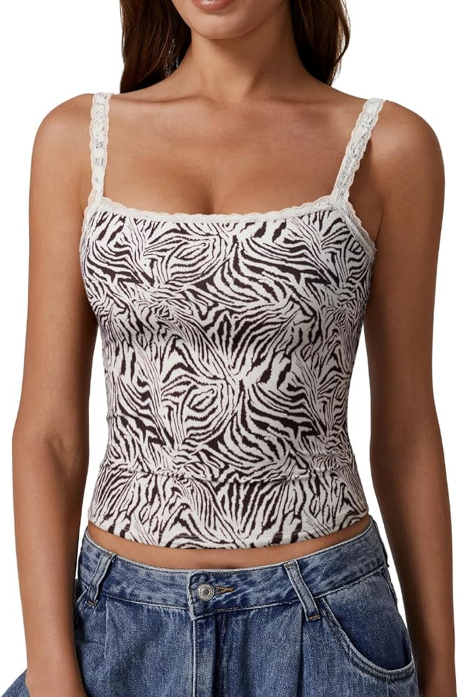 QINSEN Womens Square Neck Lace Trim Tank Top Double Lined Slim Fitted Y2k Going Out Camisole Shir... | Amazon (US)