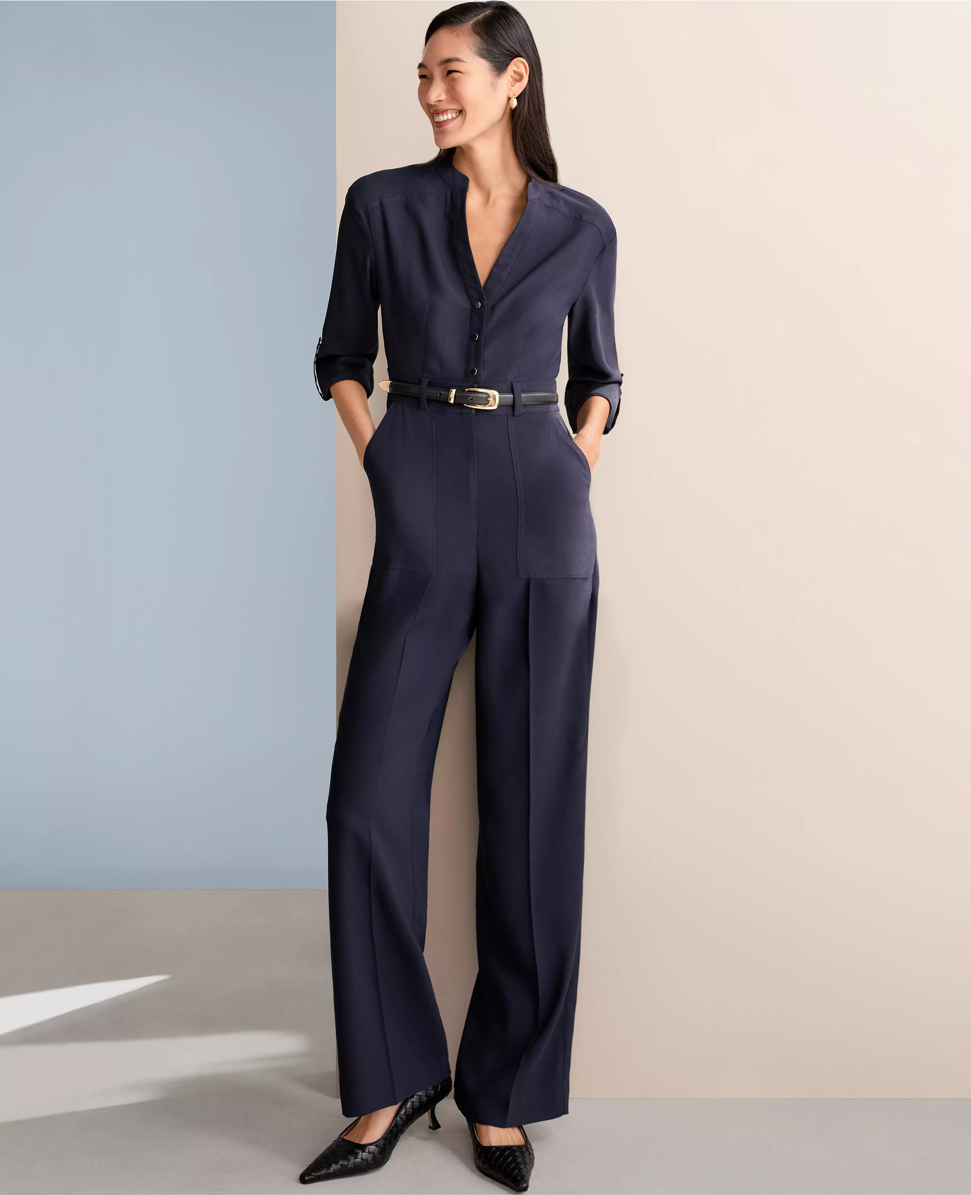 Belted V-Neck Jumpsuit | Ann Taylor