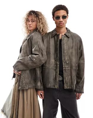 Reclaimed Vintage unisex washed real leather zip up jacket in brown | ASOS | ASOS (Global)
