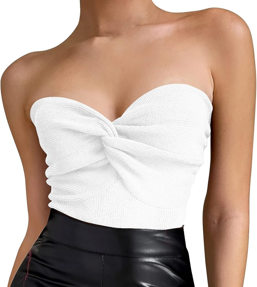 Women's Sexy Crop Tops Strapless Twisted Front Ribbed Knit Tube Top Sleeveless Sweetheart Neck Y2K C | Amazon (US)