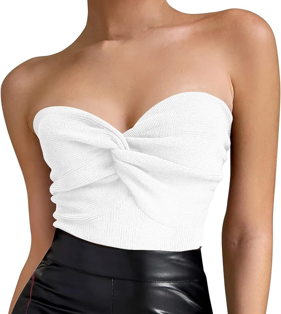 Women's Sexy Crop Tops Strapless Twisted Front Ribbed Knit Tube Top Sleeveless Sweetheart Neck Y2K C | Amazon (US)