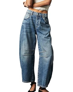 Barrel Jeans for Women Wide Leg Mid Rise Barrel Denim Ankle Pants Y2k Baggy Boyfriend Jeans with ... | Amazon (US)
