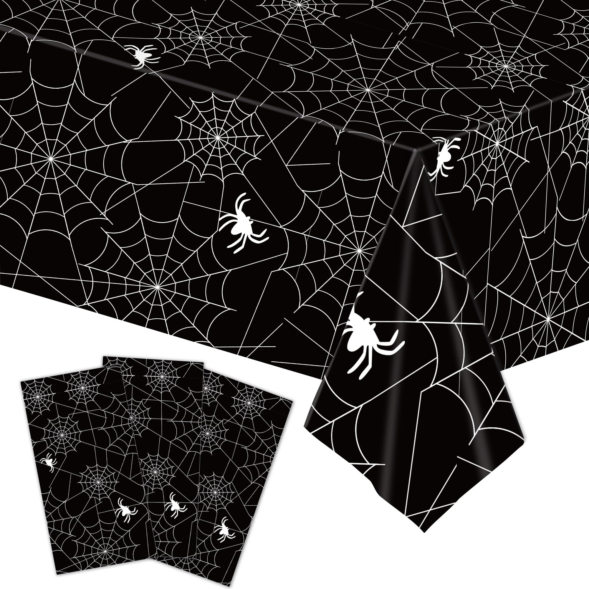 3-Piece 54 x 108 Inch Halloween Spider Web Plastic Tablecloth - Black and White Cobweb with Spide... | Amazon (US)