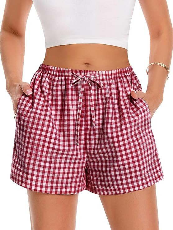 Women Boxer Shorts Comfy Gingham Drawstring Pajama Bottom Plaid Casual Pants with Pocket | Amazon (US)
