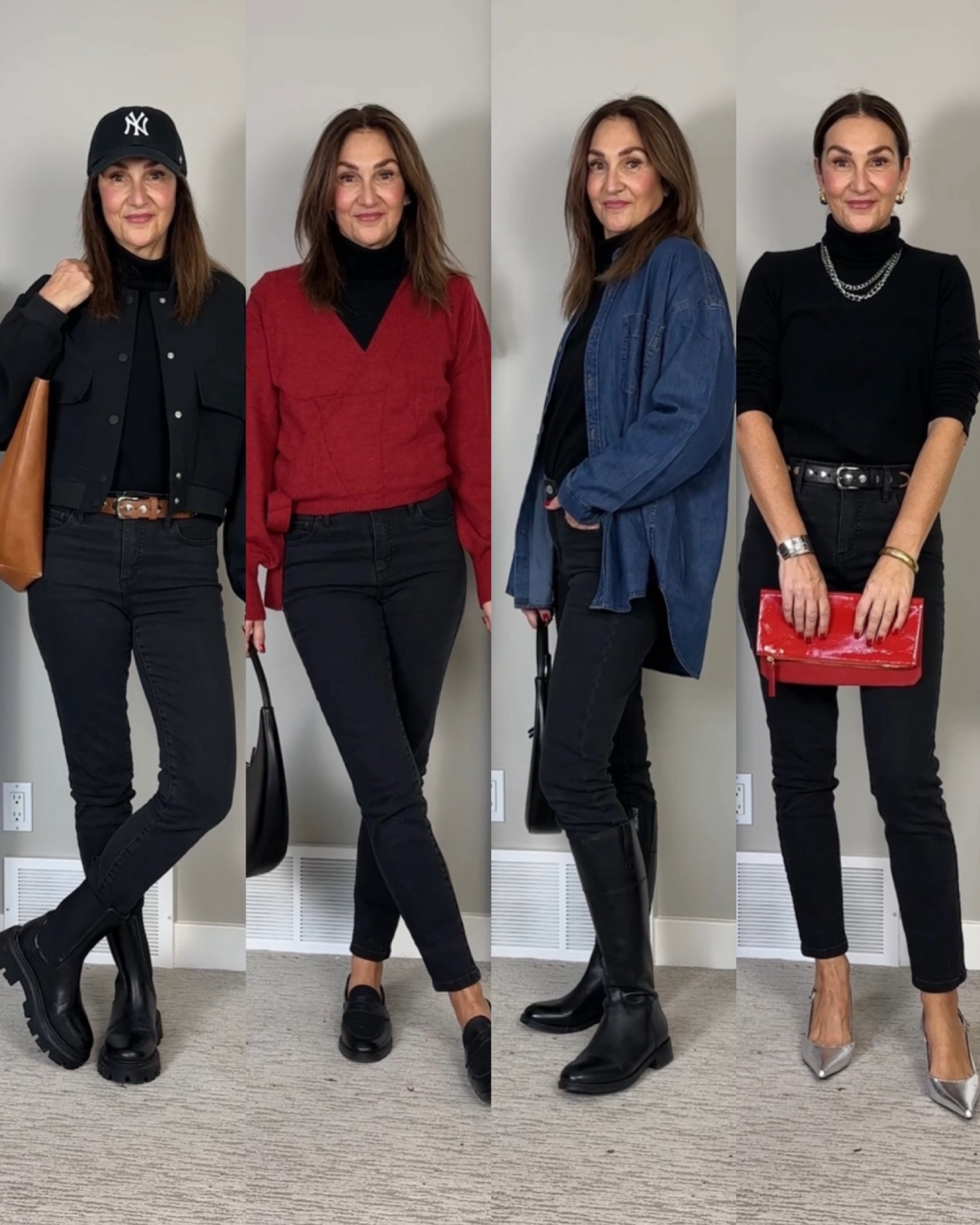 One base, four outfits!
I’m 5’ 7” size 4ish wearing my usual size S in the fleece turtleneck and 27 in the jeans (old but linked similar).


#LTKFindsUnder50 #LTKootd #LTKOver40
