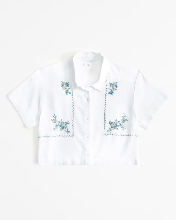 cropped short-sleeve linen-blend shirt | Abercrombie & Fitch (US)