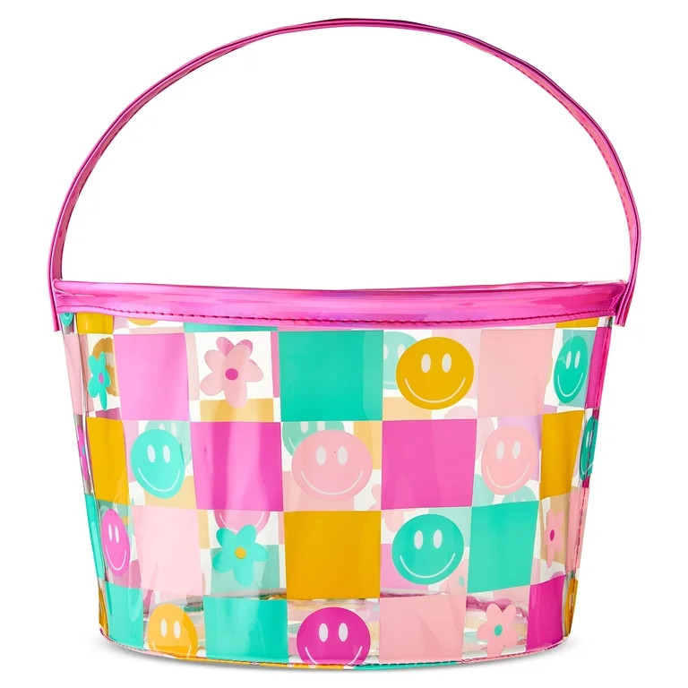 Transparent Checkered Smiley Face Basket, Multicolor, 11" x 7", Easter by Way To Celebrate | Walmart (US)