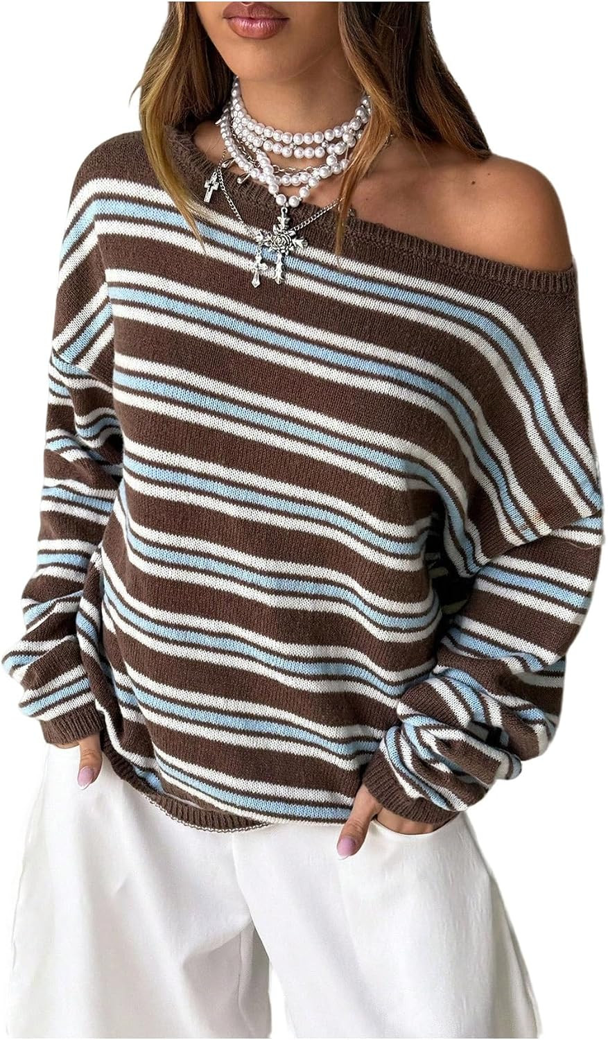 MakeMeChic Women's Striped Sweater Off The Shoulder Long Sleeve Knit Tops | Amazon (US)