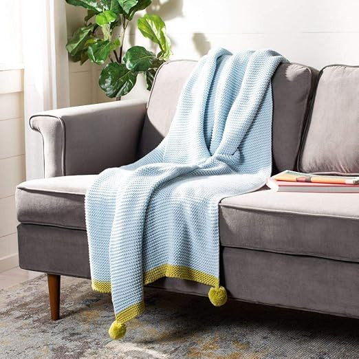 Safavieh Home Runi Sky Blue and Light Green Pom Pom Throw Blanket, 50" x 60" | Amazon (US)