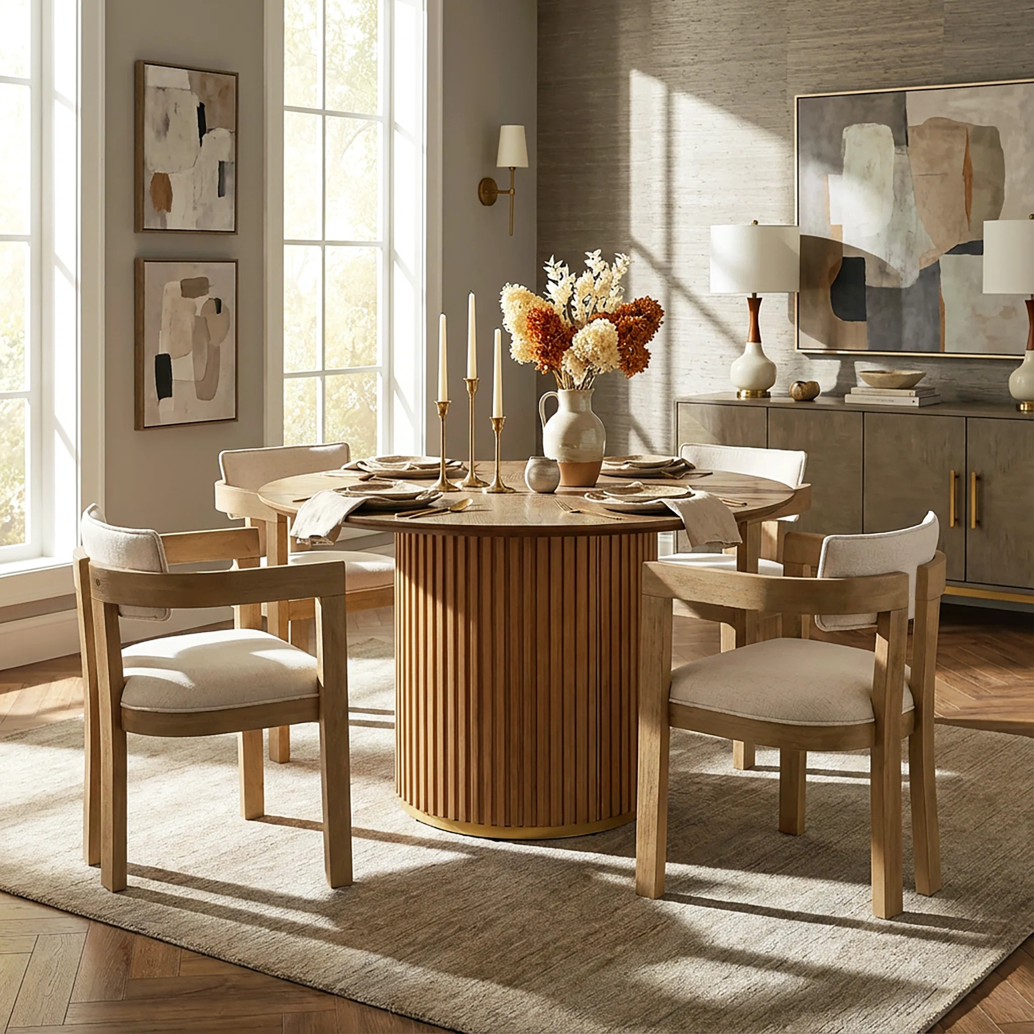 Logan 5-Piece Round Pedestal Dining Table Set With Upholstered Chairs | Wayfair North America