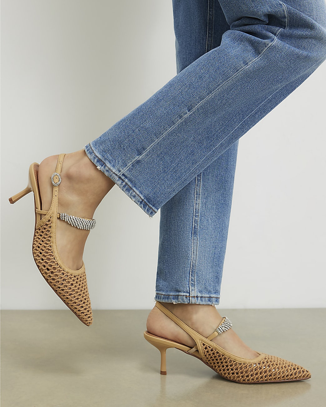 Beige Raffia Diamante Slingback Heels | River Island UK & IE