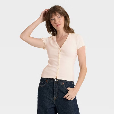 Women's Short Sleeve V-Neck Button-Down Shirt - Universal Thread™ Cream S | Target