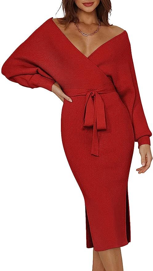 Pink Queen Womens V Neck Sweater Wrap Dresses Batwing Sleeve Sexy Backless Slit Maxi Knit Dress w... | Amazon (US)