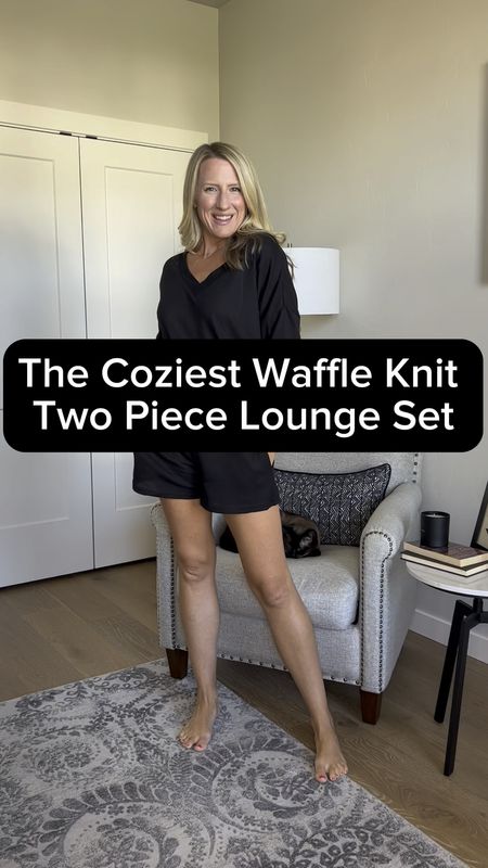 This is the coziest waffle knit lounge set. The drawstring shorts have pockets and the top is oversized for a comfortable fit. I’m wearing a size small.

#LTKstyletip #LTKfindsunder50 #LTKSeasonal