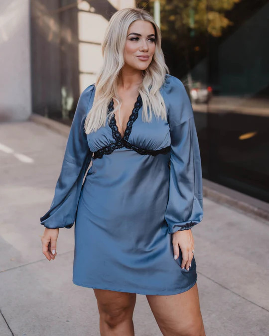 Jazzy Satin Lace Trim Long Sleeve Mini Dress | VICI