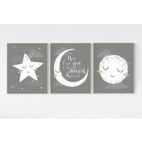 Moon & Stars Nursery Art Neutral Gray Baby Room Decor | Etsy (US)