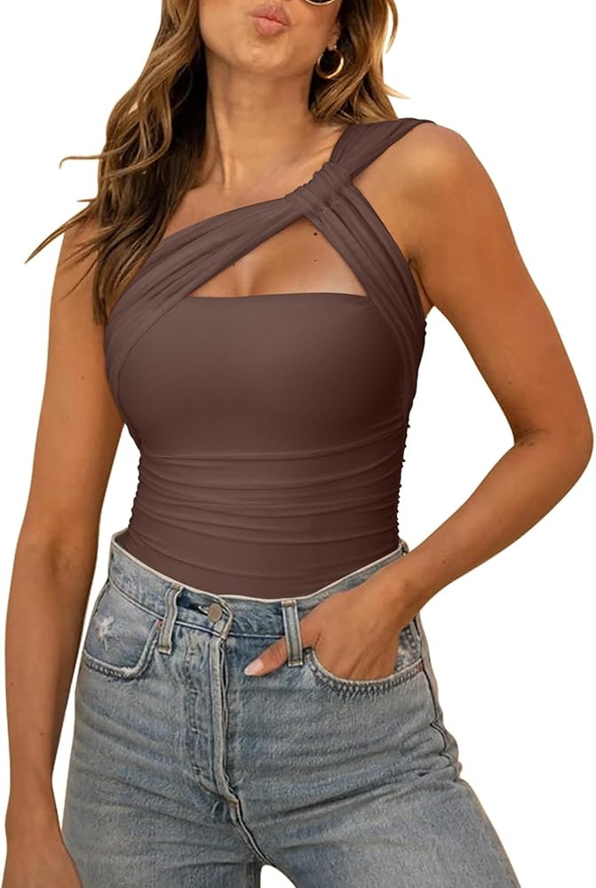 REORIA Womens Sexy One Shoulder Asymmetrical Leopard Print Mesh Ruched Backless Going Out Bodysui... | Amazon (US)