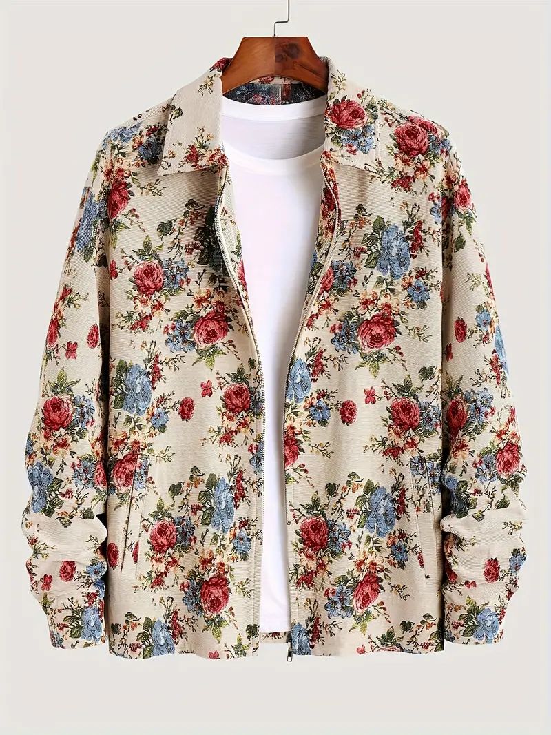Men's Floral Graphic Zip-Up Jacket - Long Sleeve, Breathable Fabric, Casual Pockets - Ideal for S... | Temu Affiliate Program