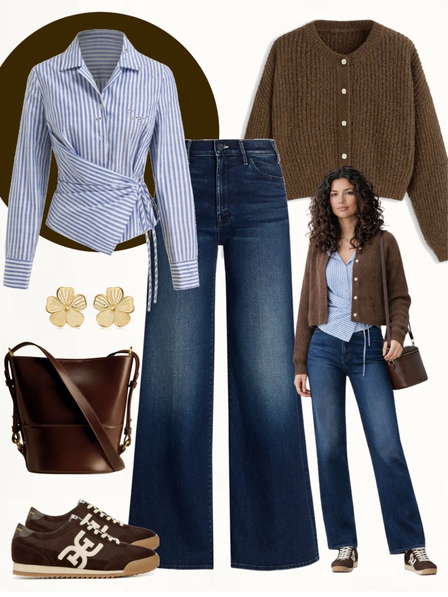 Blue and white striped wrap blouse paired with dark wash wide-leg jeans, styled with a brown knit cardigan. Finished with brown sneakers, a dark brown crossbody bag, and gold flower earrings.
#casualchic #everydaystyle #springoutfit

#LTKOver40 #LTKSeasonal #LTKootd