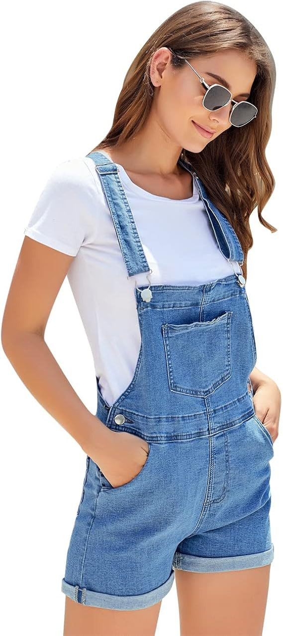 Vetinee Women's Classic Adjustable Straps Cuffed Hem Denim Bib Overalls Shorts | Amazon (US)