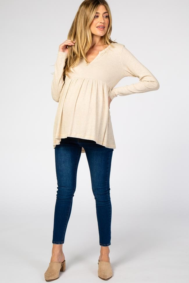 Beige Knit Split Neckline Long Sleeve Maternity Top | PinkBlush Maternity