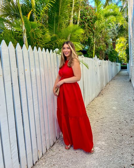 Beautiful red maxi dress, vacation dress, halter dress, gold heels, gold hoop earrings, straw clutch, beach vacation, date night look 

#LTKSeasonal #LTKstyletip #LTKfindsunder100